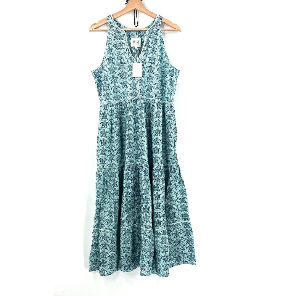NEW Beach to Bistro Sigrid Olsen sea turtle teal aqua blue tiered midi dress S